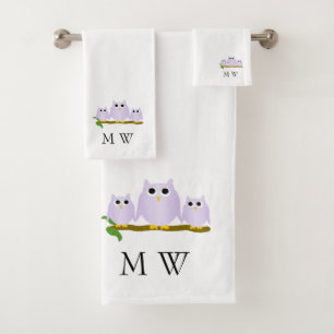 Flieder Eulen Design Monogramm Badhandtuch Set