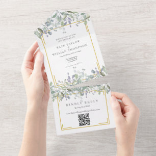 Flieder Floral Gold Geometrischer QR-Code Hochzeit All In One Einladung