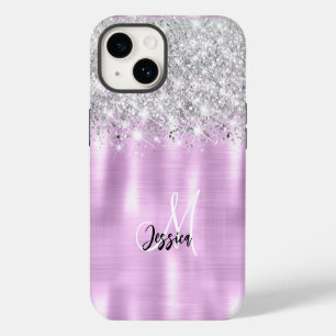 Flieder Gebürstetes Metall Silber Glitter Monogram iPhone 14 Hülle