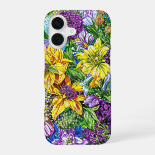 Flieder Gelb Blau Grün Garten Blumen Muster iPhone 16 Hülle