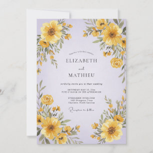 Flieder-Gelbe Sonnenblumen-Eukalyptus-Hochzeit Einladung