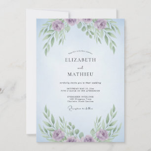 Flieder-Himmel-Blumen-Eukalyptus-Hochzeit Einladung