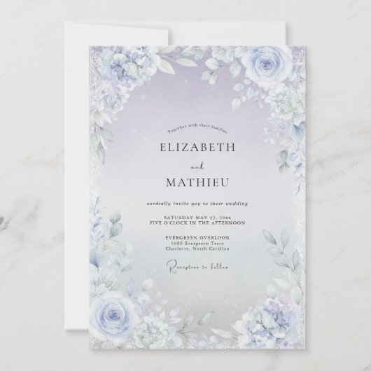 Flieder Hochzeit mit Eisblättern von Eukalyptus Einladung (Vorderseite)