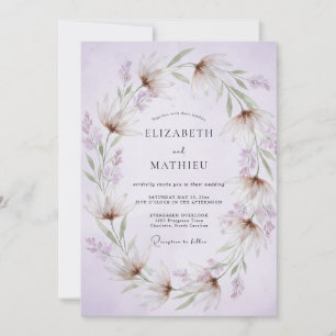 Flieder-Hochzeitskranz mit luftigem Blumenschmuck Einladung