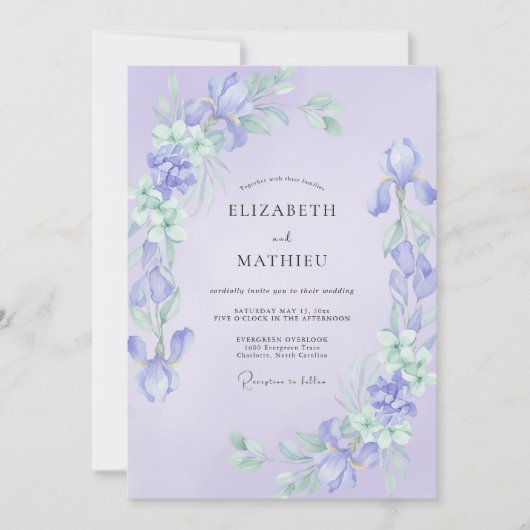 Flieder-Iris-Eukalyptus-Hochzeit Einladung (Vorderseite)