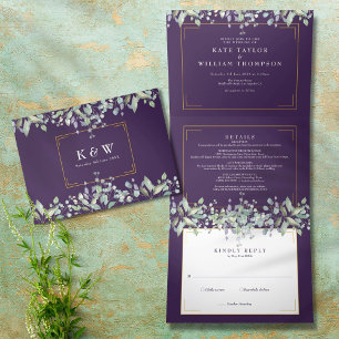 Flieder Laub Lila Monogramm Foto Hochzeit Dreifach Gefaltete Einladung