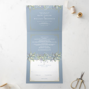 Flieder Laub Staubblau Monogramm Foto Hochzeit Dreifach Gefaltete Einladung