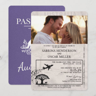 Flieder Lila Australien Reisepass Hochzeit Einladung