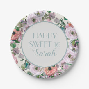 Flieder Lila Rosa Wasserfarbe Floral Sweet 16 Pappteller