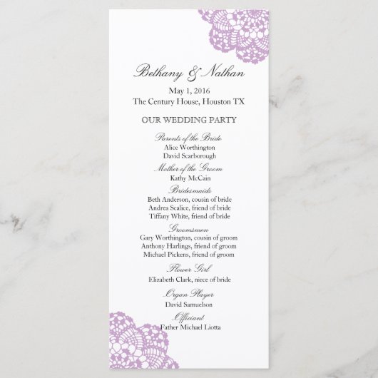 Flieder Lila Spitzen-Doily-Hochzeitsprogramm Programm (Vorderseite)
