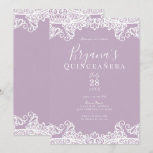Flieder, Mauve und Weiße Spitze Elegante Quinceañe Einladung