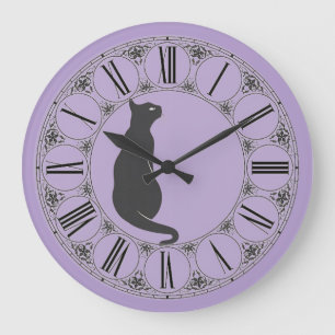 Flieder mit schwarzer Katze und Zifferblatt mit rö Große Wanduhr