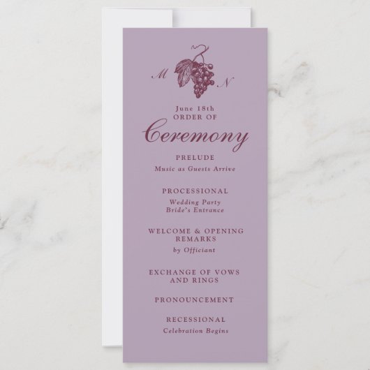 Flieder-Pflaume-Trauben-Monogramm-Hochzeitsprogram Einladung (Vorderseite)