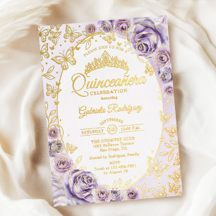 Flieder Purpur Gold Floral Quinceanera Folieneinladung