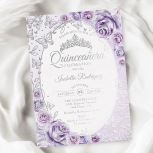 Flieder Purpur Silber Floral Quinceanera Folieneinladung