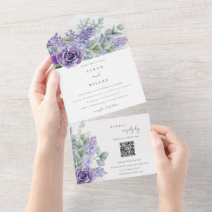 Flieder Sukkulenten-Eukalyptus-Blatt-Hochzeit QR-C All In One Einladung