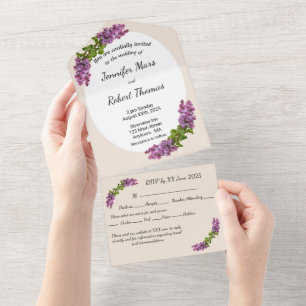 Flieder und Creme in einer einzigen Hochzeitseinla All In One Einladung