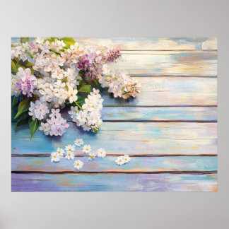 Flieder und Gänseblümchen auf pastellfarbenem Holz Poster