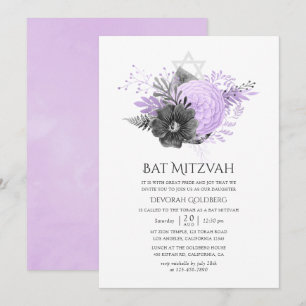 Flieder- und Holzkohle-Blumen-Bat-Mizwa Einladung