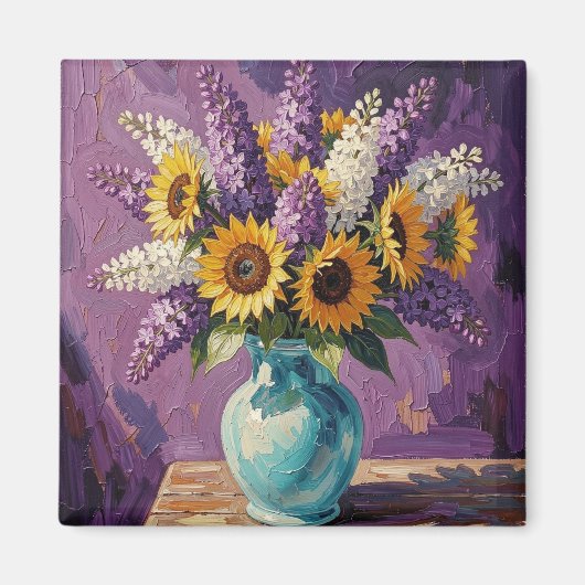 Flieder und Sonnenblumen | Botanisches Design Magnet (Vorne)