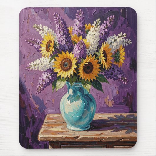 Flieder und Sonnenblumen | Botanisches Design Mousepad (Vorne)