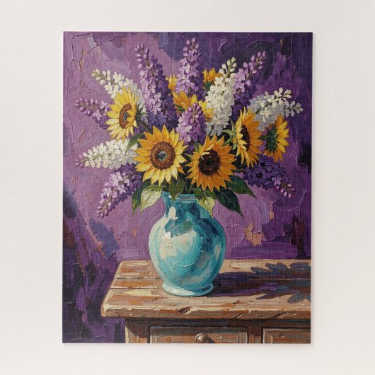 Flieder und Sonnenblumen | Botanisches Design Puzzle (Vertikal)