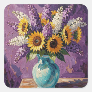 Flieder und Sonnenblumen Botanisches Design Quadratischer Aufkleber