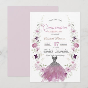 Flieder-Wildblumen-Glitter-Kleid Quinceanera Einladung