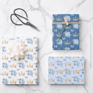 Fliederblaue Blumen und goldene Kronen Geschenkpapier Set