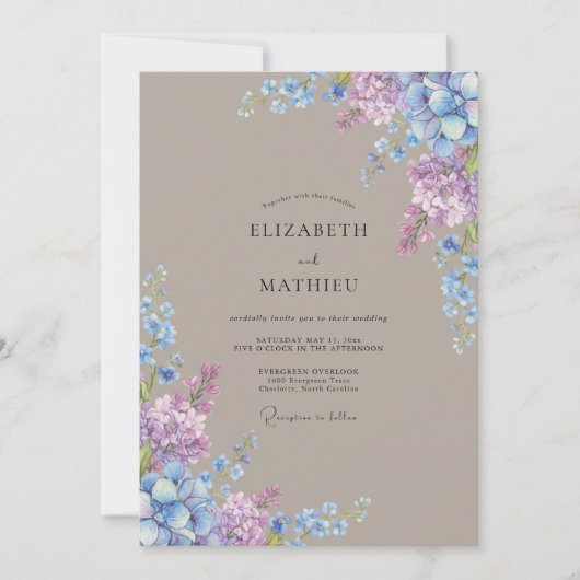 Fliederblaue florale Hochzeit Einladung (Vorderseite)