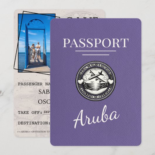 Fliederfarbenes Aruba Reisepass Save The Date (Vorne/Hinten)