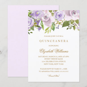 Fliederlila Aquarell Blumen Quinceanera Einladung