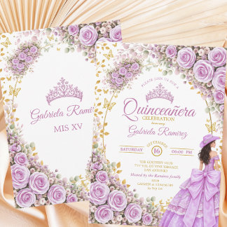 Fliederlila Rosen Goldener Schmetterling Quinceañe Einladung