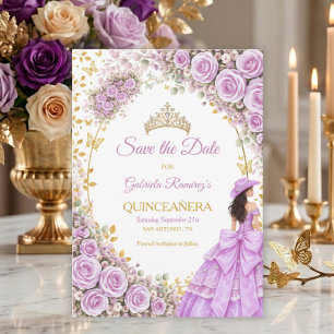 Fliederlila Rosen Goldener Schmetterling Quinceañe Save The Date