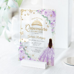 Fliederlila Wasserfarben-Rosen Gold Quinceanera Acryleinladungen