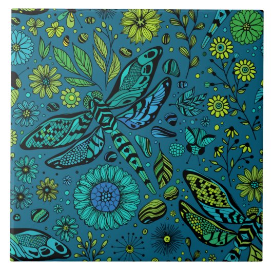 Fliege, Libelle auf blau Fliese (Vorderseite)
