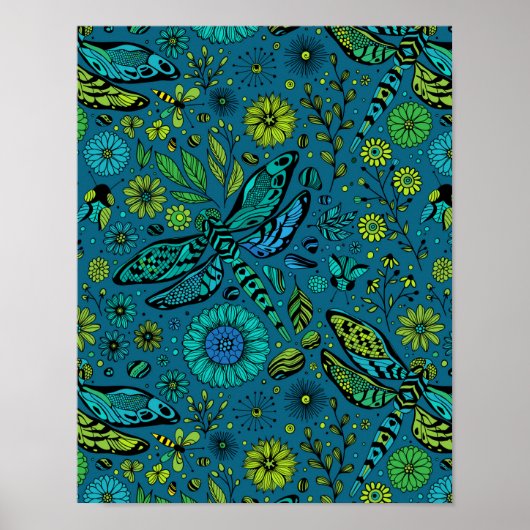 Fliege, Libelle auf blau Poster (Vorne)