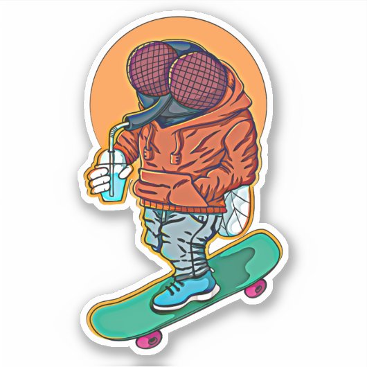 Fliege Skateboard Orange Green 4" Kiss Cut Vinyl Aufkleber (Vorderseite)