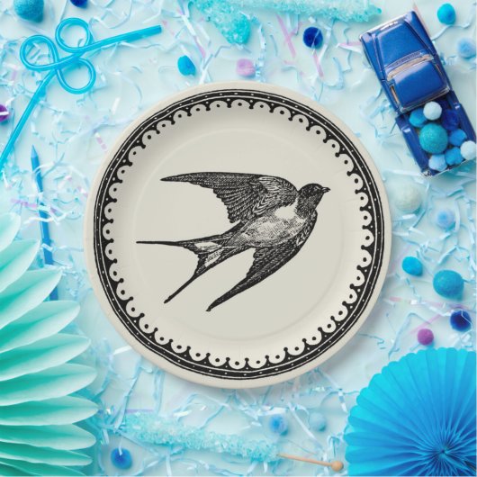 Fliegen-Antiken-Schwalben-Vogel auf beige Pappteller (Party)