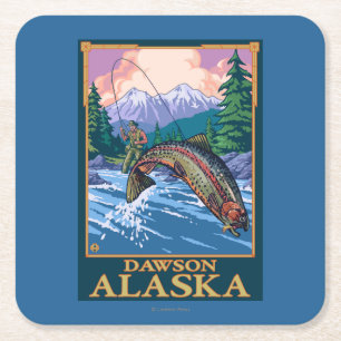 Fliegen-Fischen-Szene - Dawson, Alaska Rechteckiger Pappuntersetzer