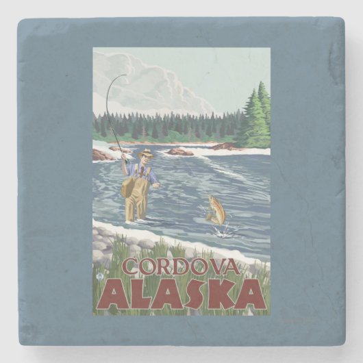 Fliegen-Fischer - Cordova, Alaska Steinuntersetzer (Vorderseite)