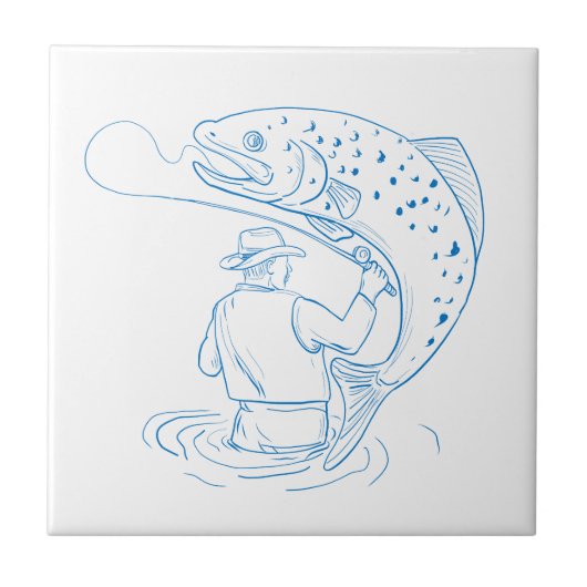 Fliegen-Fischer-Forelle-Fischen-Zeichnen Fliese (Vorderseite)