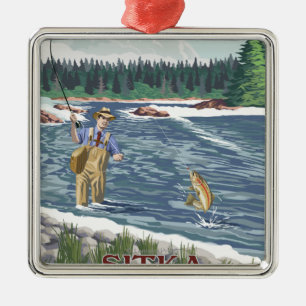 Fliegen-Fischer - Sitka, Alaska Silbernes Ornament