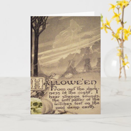 Fliegen-Hexe-Schädel-Kürbis Karte (Gelbe Blume)