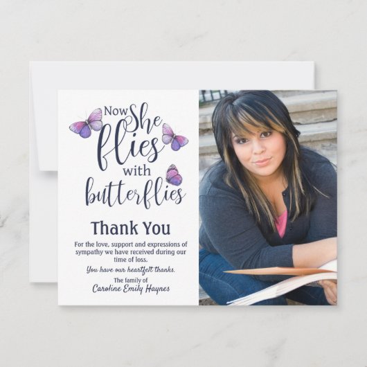 Fliegen mit Schmetterlingen Danke, Beerdigung Beil Dankeskarte (Vorderseite)