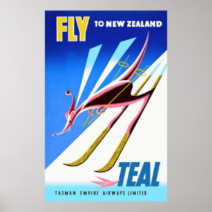 Fliegen nach Neuseeland Vintage Travel Poster