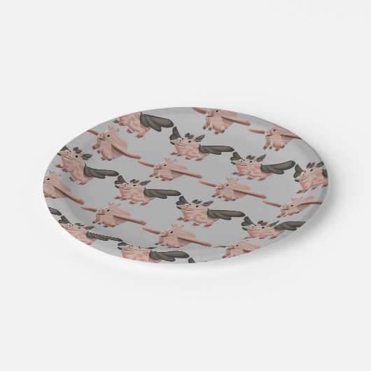 Fliegen-Schwein-Muster Pappteller (Schrägansicht)