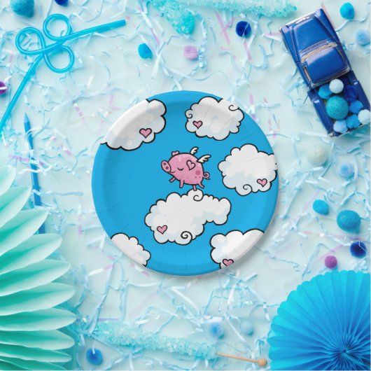 Fliegen-Schwein tanzt auf Wolkenplatte Pappteller (Party)