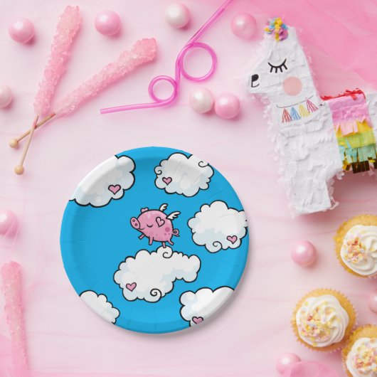 Fliegen-Schwein tanzt auf Wolkenplatte Pappteller (Party)