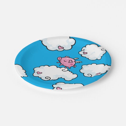 Fliegen-Schwein tanzt auf Wolkenplatte Pappteller (Schrägansicht)